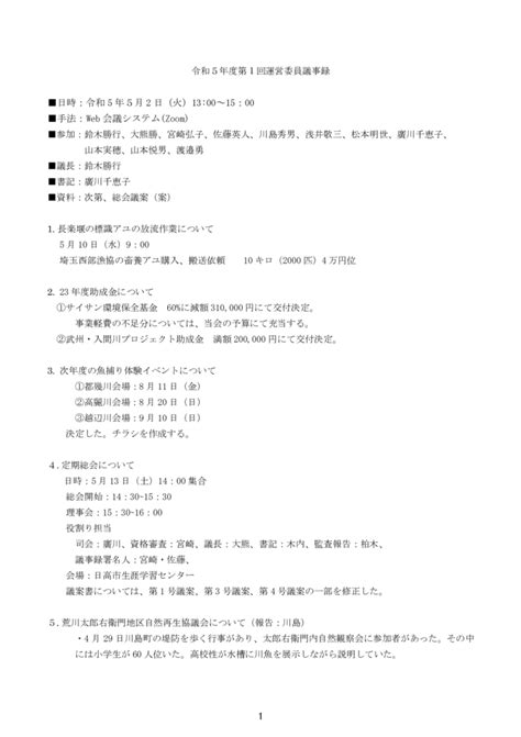 【荒川23】令和5年度第1回運営委員会議事録 荒川流域ネットワーク