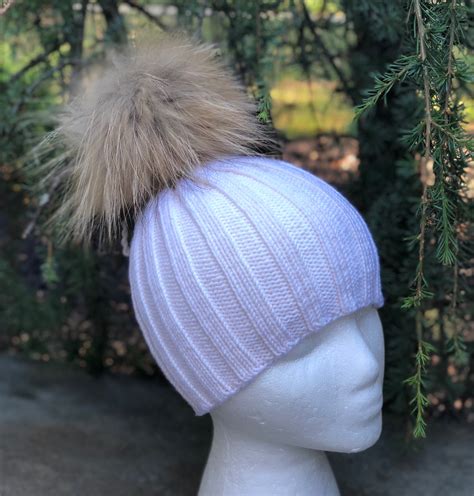 Ribbed White Wool Beanie Hat Raccoon Fur Pom Pom Real Fur Pom Pom