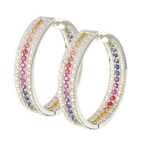 Multicolor Rainbow Sapphire Diamond Hoop Earrings K White Etsy