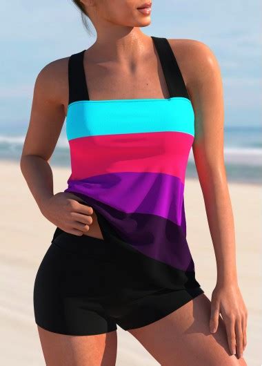 Rotita Rainbow Stripe Criss Cross Back Wide Strap Tankini Set Rotita