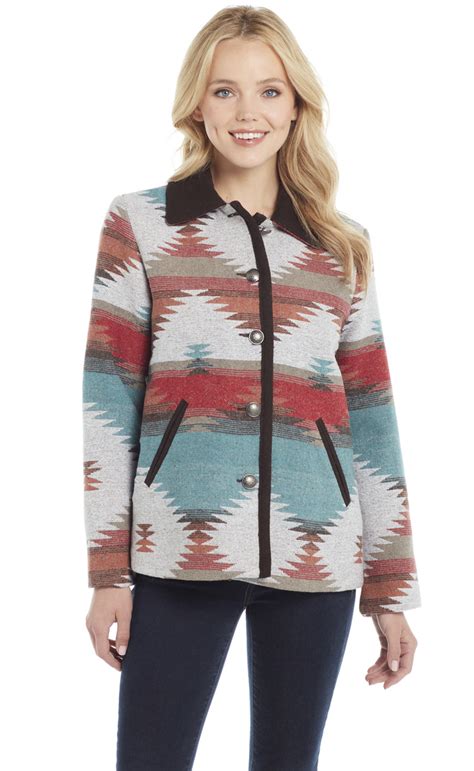 Navajo Blanket Coat Accented With Contrast Trimmings And Metal Buttons