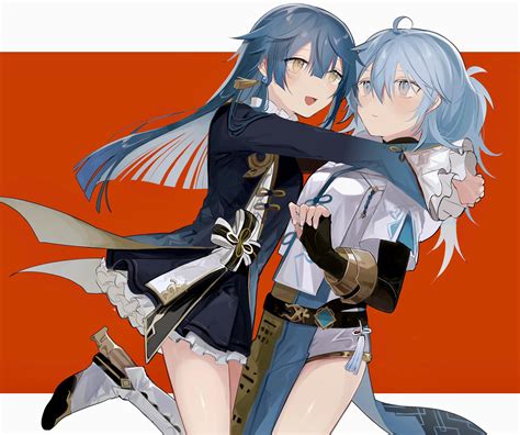 Safebooru 2girls Ahoge Bangs Black Bodysuit Blue Hair Bodysuit Boots Breasts Chinese Clothes