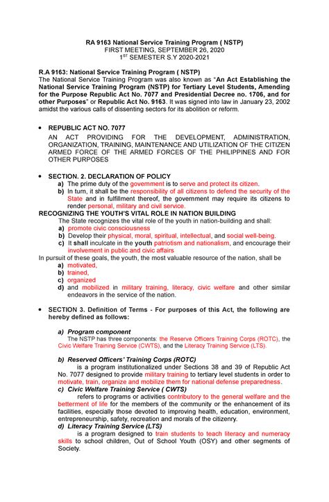 1st Meeting Ra 9163 Detailed Report Ra 9163 National Service Training Program Nstp First