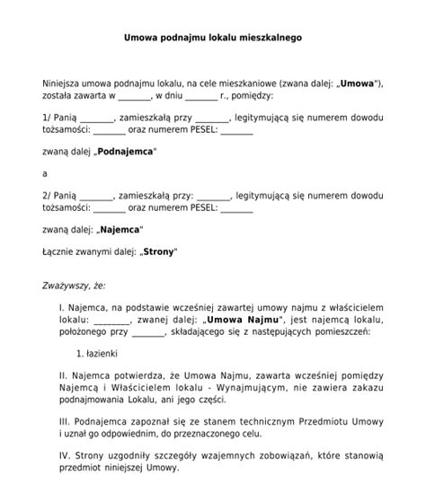 Umowa podnajmu mieszkania wzór przykład Word i PDF