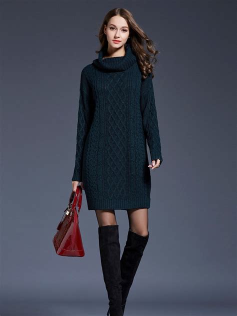 Solid High Neck Cable Knit Sweater Dress Cable Knit Sweater Dress