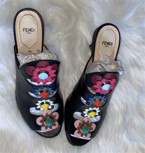 Fendi Black Leather Floral Applique Mule Sandals Reta Gem