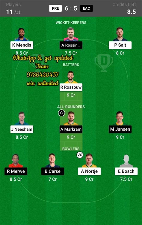 PRE Vs EAC Final Match Dream11 Team Fantasy Prediction SA T20 League