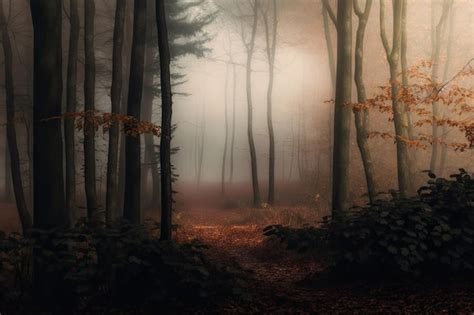 Niebla Densa En El Bosque De Oto O Con Hojas Amarillas Y Musgo Verde En