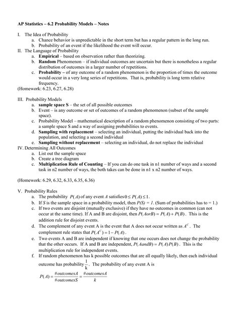 Ap Statistics 62 Probability Models Notes The Idea Of Probability