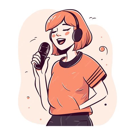 Mujer Joven Cantando Karaoke Con Micrófono Ilustración Vectorial En