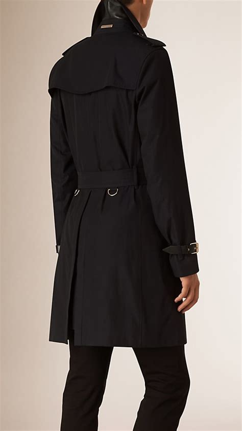 Navy Cotton Gabardine Trench Coat With Leather Trim Image 3