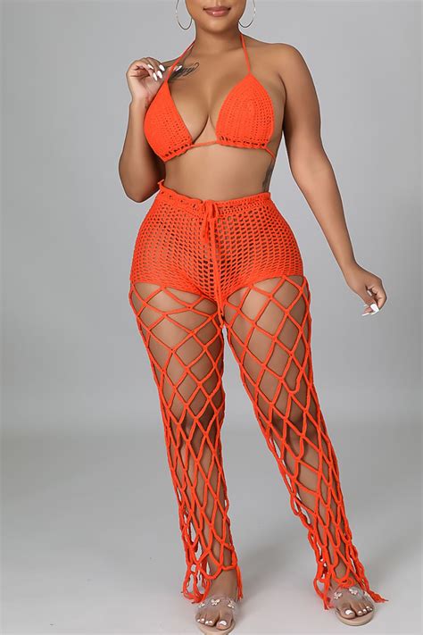 Tangerine Red Sexy Solid Hollowed Out Split Joint See Through Halter Sleeveless Two Piecestwo