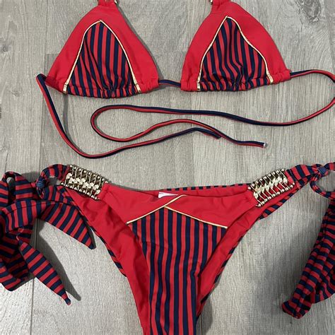 Bahimi Red Navy Gold Strip Bikini Set Top And Depop