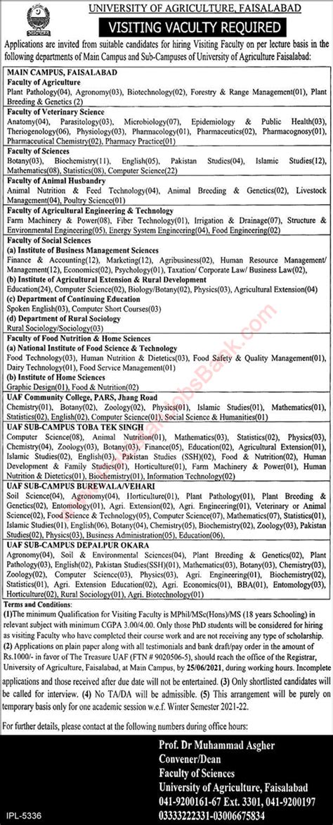 Visiting Faculty Jobs In University Of Agriculture Faisalabad June 2021