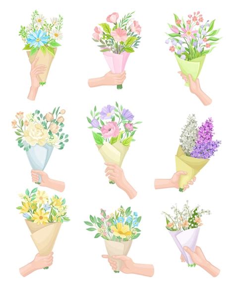 Premium Vector Hands Holding Flower Bouquets Wrapped In Craft Paper Vector Set