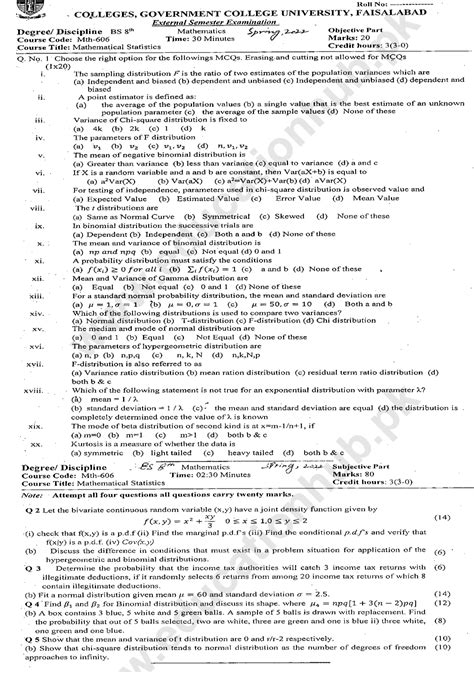 Mth Mathematical Statistics Bs Math Gcuf Past Paper Spring