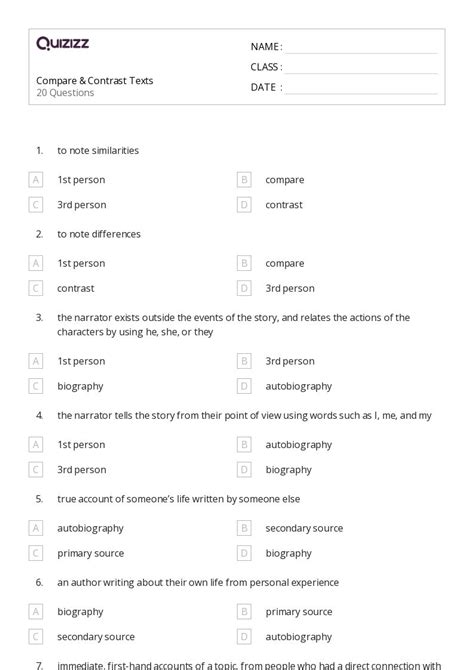 50 Comparing And Contrasting Worksheets For 6th Grade On Quizizz