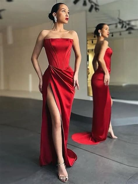 Q836 Strapless Corset High Slit Red Dress Qyn Designer Dress Hire