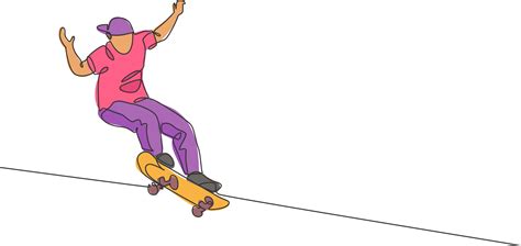Single Continuous Line Drawing Of Young Cool Skateboarder Man Riding