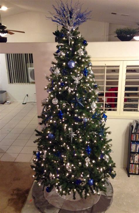 Christmas Tree With Navy Blue Light Blue Silver And Crystal Ornaments Blue Christmas Tree