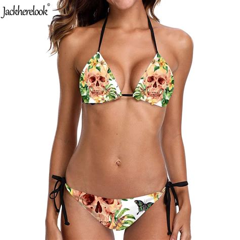 Jackherelook Tropical Skull Printed Halter Bikinis Set Women Two Pieces