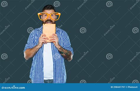 Happy Funny Bearded Man In Party Glasses Hold Book Stock Image Image