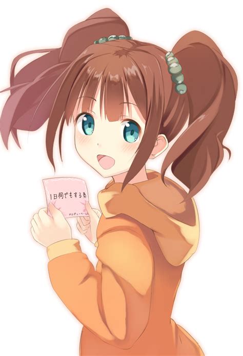 Safebooru 1girl Blush Brown Hair Card Green Eyes Hoodie Idolmaster