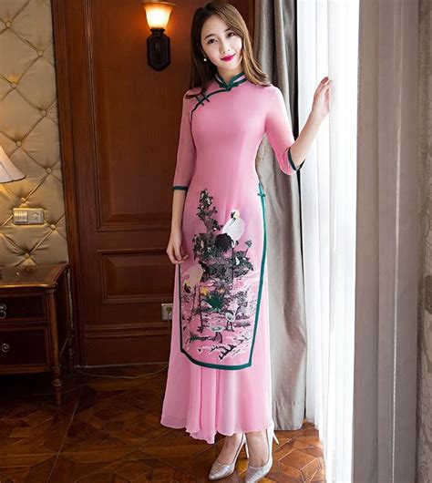 Retro Pink Floral Reformed Cheongsam Chinese Dress Ao Dai Ao Dai