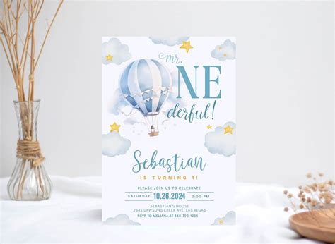 Mr Onederful Invitation St Birthday Boy Invitation Blue Hot Air Balloon Birthday Invitation