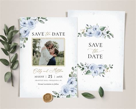 Dusty Blue Save The Date Template With Photo Save The Date Etsy