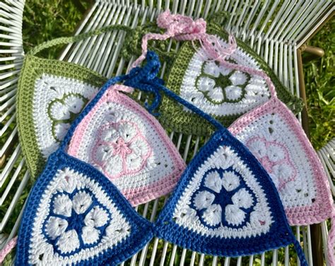 The African Flower Floral Crochet Bikini Top Handmade Swimwear Halter Style Top Triangle Bikini