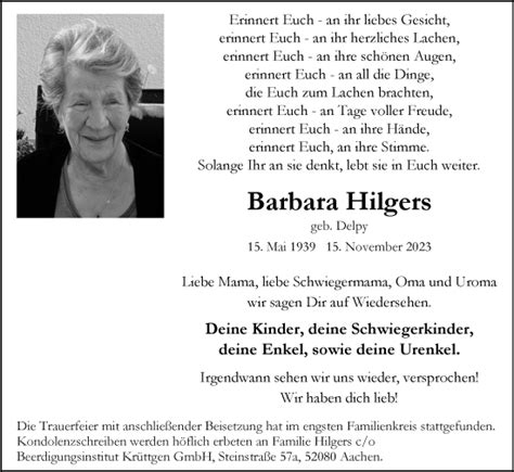 Traueranzeigen Von Barbara Hilgers Aachen Gedenkt