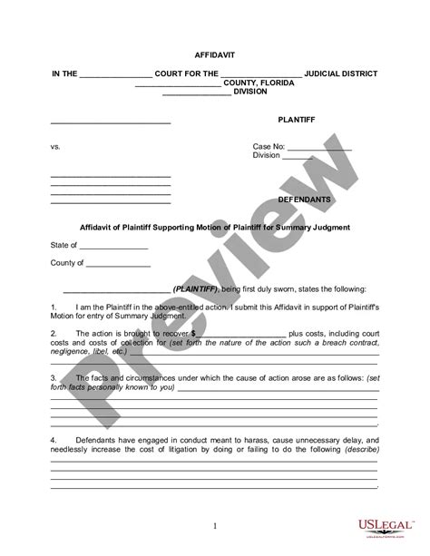 Florida Affidavit Of Plaintiff Supporting Motion For Summary Judgment