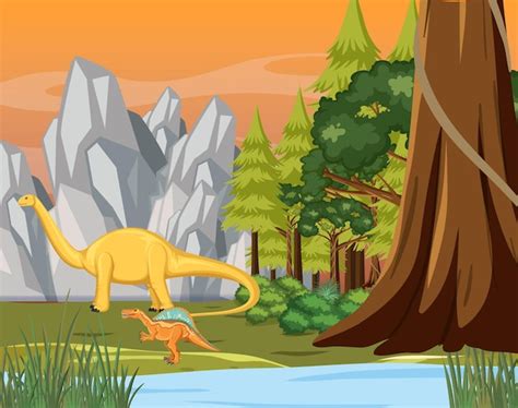 Escena Con Muchos Dinosaurios En El Bosque Vector Premium