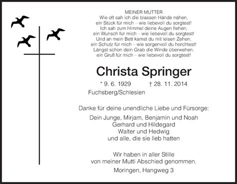 Traueranzeigen Von Christa Springer Trauer Hna De