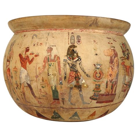 Egyptian Revival Pottery Bowl Planter Painted With Egyptian Figures