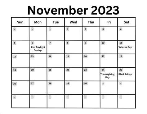 Calendario Simple Imprimible Noviembre 2023 Etsy España