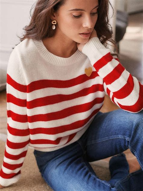 SHEIN Frenchy Heart Patched Striped Sweater Suéteres de rayas Jersey