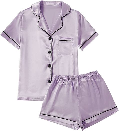 Lyaner Womens Satin Pajamas Set Short Sleeve Button Shirt Silky