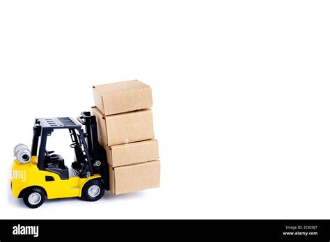 Mini Forklift Truck Load Cardboard Boxes Isolated On White Background