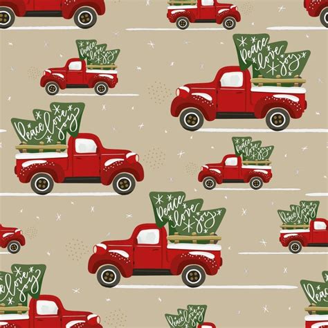 Christmas Trucks Fabric Red Truck Trees Cotton Fabric By The Etsy