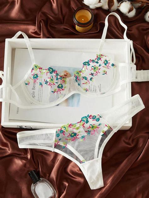 Embroidery Mesh Bra Panty Set Lingerie Set Shein Usa