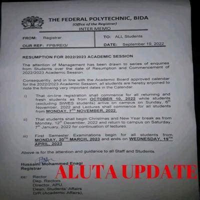 Bida Poly Notice On Resumption For Session Myschool