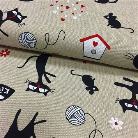 Tissu Toile De Coton Beige Chats Et Souris Noirs Et Rouges Par Cm