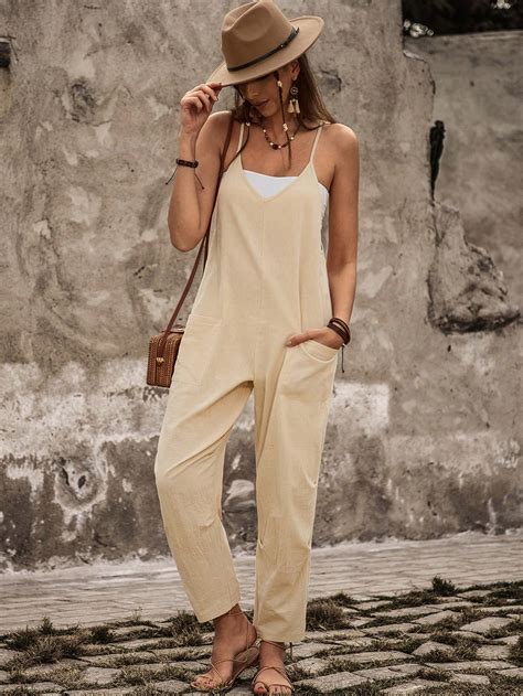 Shein Bohofeels Women S Solid Color Spaghetti Strap Jumpsuit Shein Uk