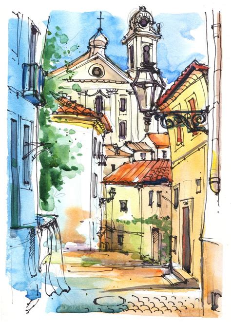 A Watercolor Painting Of An Old European Town