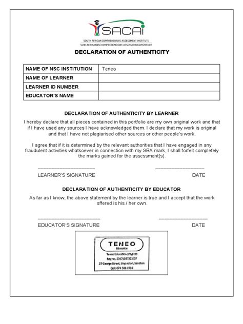 Declaration Of Authenticity Pdf