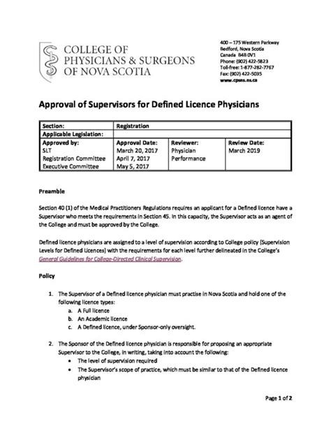 Approval Of Supervisors For Defined Licence Physicians College Of