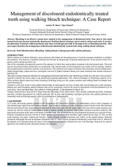 Pdf Management Of Discoloured Endodontically Treated Tooth Using