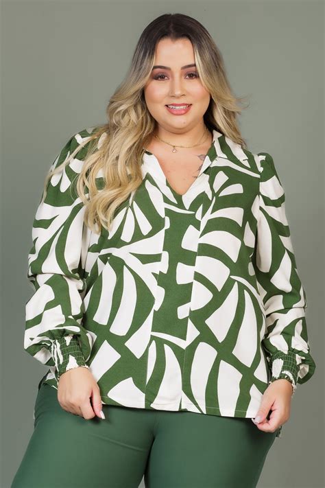 Camisa Manga Longa Bufante Lastex Plus Size Chic E Elegante